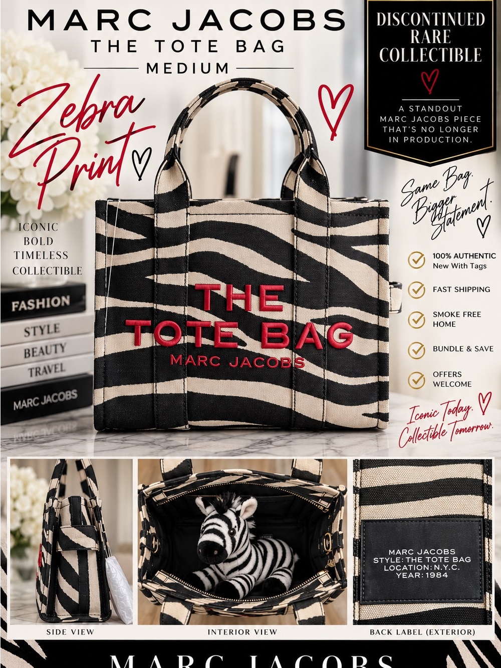 🦓 RARE Marc Jacobs Zebra Medium Tote ❤️ NWT DISCONTINUED Y2K Style ✨ - Picture 16 of 16
